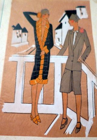 Rare 1920s Art Deco Pochoir Fashion Dress Hand Painted Paris Designer Amy Linker