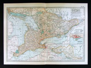 1902 Century Atlas Map Ontario - Toronto Niagara Falls Windsor London Lake Erie