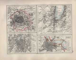 1904 Antique Map Paris Geneva Brussels Amsterdam Environs City Plan Churches