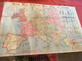 1916 Ww1 Daily Mail War Map Of Europe,  Large Colourful Antique Ww1 Folding Map.