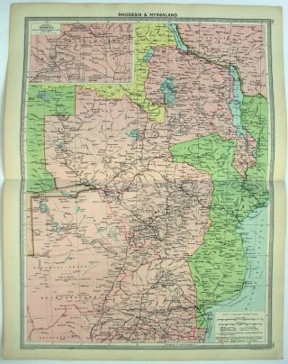 Large 1926 Map Of Rhodesia & Nyasaland By George Philip.  Vintage Africa