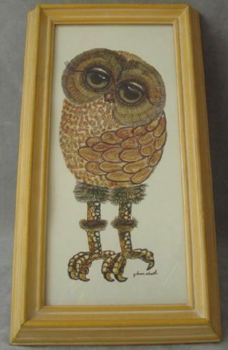 Vintage Glenn Heath Owl Print Big Eyes Framed 1970s Mid - Century Modern 7 X 13