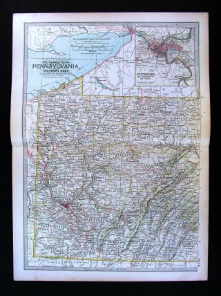 1902 Century Atlas Map Western Pennsylvania Pittsburgh Erie Allegheny Mountains