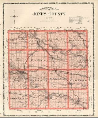 Jones County Iowa Map Authentic 1904 (dated) W/towns,  Twps,  Rrs,  Topography