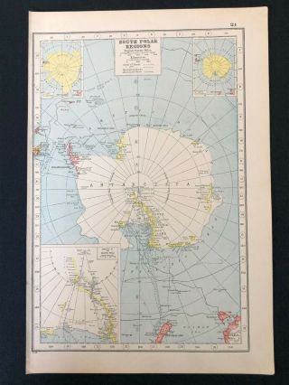 Vintage Colour Atlas Map 1920,  South Polar Regions,  Harmsworth 