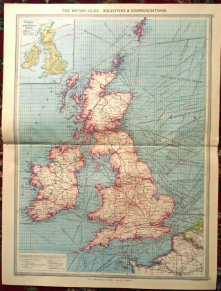 Large Antique Map The British Isles Industry Communication Harmsworth C1900