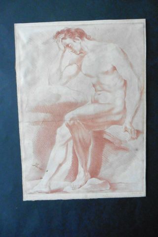 French Sch.  Ca.  1800 - Study Male Nude - Fine Sign.  Print In Manner Of Red Chalk