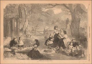 Spring,  Children Playing Outside In The Church Yard,  Flowers,  Lambs Antique 1866