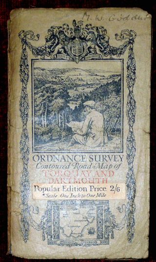 Ordnance Survey 1 " :1 Mile Linen Backed Popular Ed.  Map - Torquay & Dartmouth 1919