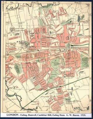 Antique Map London Ealing Hanwell Castlebar Hill G.  W.  Bacon 1910