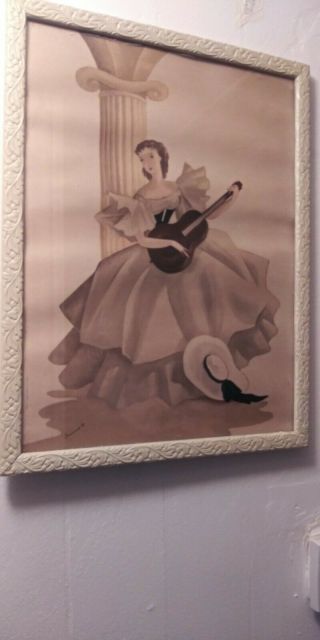 Vintage 1950s Hand Colored Lithograph Lady With Guitar Mid Cen.