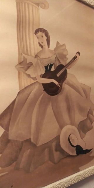 Vintage 1950s Hand Colored Lithograph Lady With Guitar Mid Cen. 2