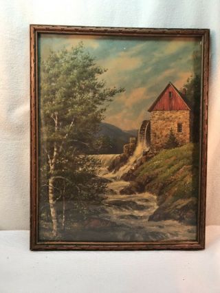 Vtg 20 - 30’s Lithograph Print Water Mill Wheel Stream Country Side Framed