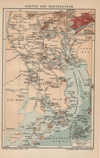1905 China Canton Macao Macau Guangdong Zhujiang Antique Map Dated