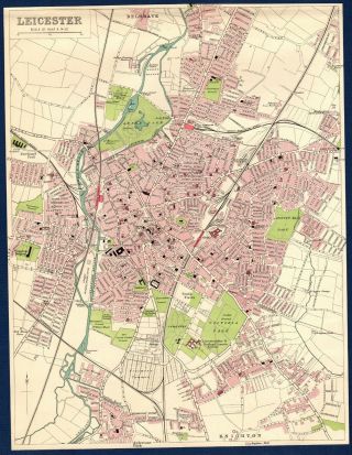 Antique Map Street Plan Leicester 10 " X 8 " 1903