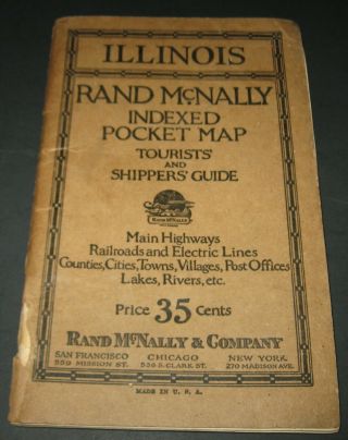 Vintage 1925 Illinois Rand Mcnally Pocket Map Tourists Highways,  Railroads,  Towns,