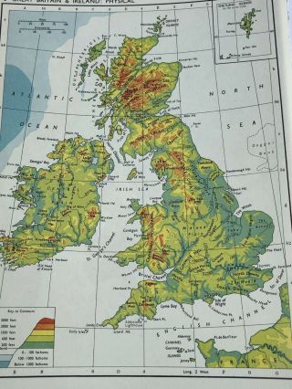 1963:physical Map Of Great Britain & Ireland Political Map Europe Old Vintage