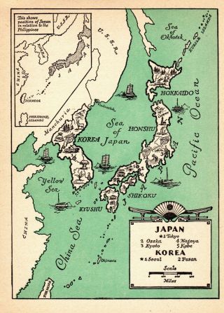 1946 Antique Animated Map Of Japan And Korea Map Rare Cartoon Map 6626
