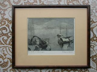 Framed Signed Etching Of Boats On Lake Lagano By Evelynne B.  Mess