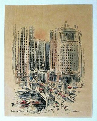 John Haymson Print Boulevard Bridge Chicago Vintage Mid - Century