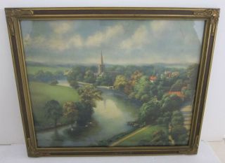 Stratford On Avon Antique C.  1900s Color Lithograph In Ornate Gilt Frame 18x22