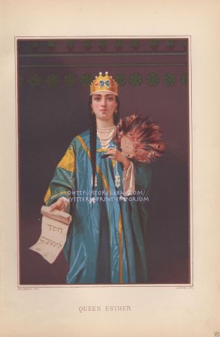 Esther The Queen - Bible Heroine - 1873 Old Antique Vintage Color Art Print - Jewish