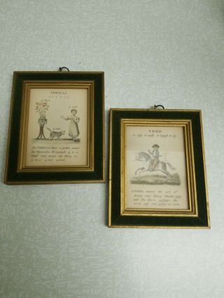Rare Antique 19th Hand Colored English Language Teaching " Verb " And " Vowels "