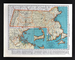 1938 Mcnally Map Massachusetts & Rhode Island Boston Providence Salem Cape Cod