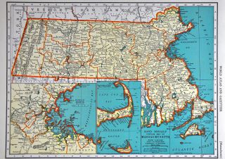 1938 McNally Map Massachusetts & Rhode Island Boston Providence Salem Cape Cod 2