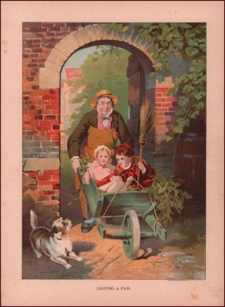 Children Getting A Ride In The Gardeners Wheelbarrow,  Dog Watching,  Antique 1881