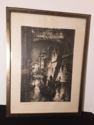 Albany E.  Howarth Etching Of Venice " Bridge Of Sighs " In Metal Frame