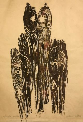 Pat Witt 20th C.  American Modern Abstract Woodcut Print Ossabow Tree Creatures
