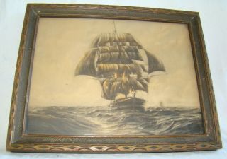 Antique Vtg Sailing Ship Nautical Sea Art Print Framed