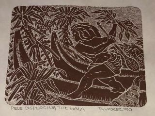Signed 1990 Dietrich Varez " Pele Dispersing The Hala " 12 " X9 " Woodblock Print
