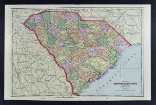 1909 George Cram Map - South Carolina Charleston Columbia Beaufort Myrtle Beach
