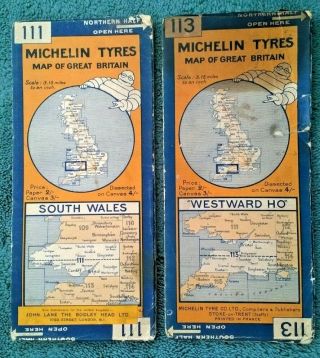 2 Vintage C1930 Michelin Maps Of Great Britain 111 South Wales,  113 Westward Ho