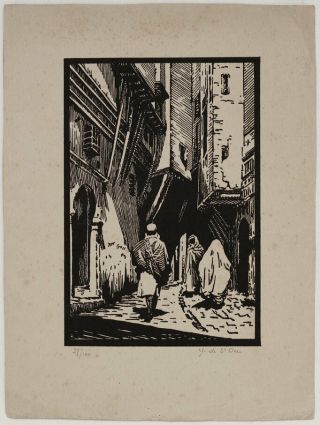 1920s Orientalist,  Algeria,  Algiers Street Scene,  Woodblock Print,  Signed