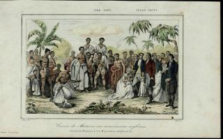 Tahiti Anglican Missionaries Natives Scarce 1863 Old Hand Color View Print