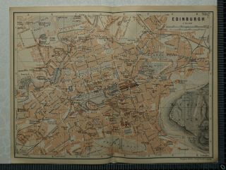 1910 Vintage Baedeker Map Plan Of Edinburgh,  Scotland