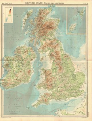 1920 Antique Map - British Isles,  Bathy Orographical
