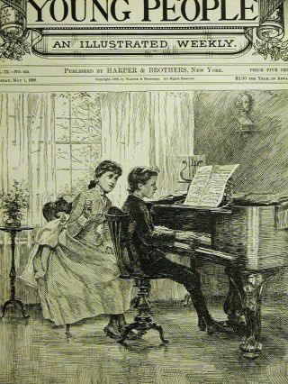 Alice Barber Music Lesson Boy On Piano - Girl Teacher 1888 Antique Print Matted