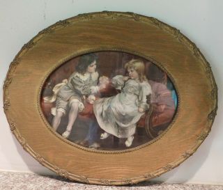 Antique Oval Oak Frame Print Of Victorian Children Boy & Girl Adorable