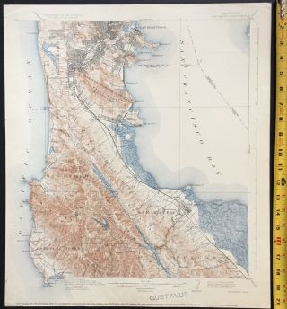 Large Vintage 1923 San Mateo To Southside Of San Francisco Map (usgs 18 X 20)