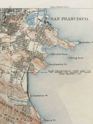 Large Vintage 1923 San Mateo to Southside of San Francisco Map (USGS 18 x 20) 3