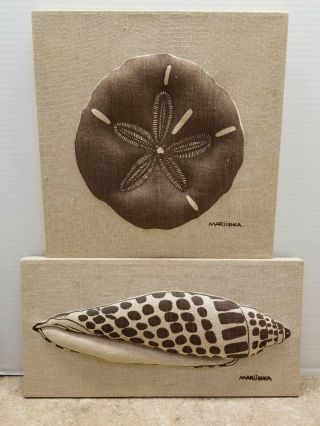 2 Vintage Marushka Seashell Stretched Fabric Silk Screen Print Framed Mcm Popart