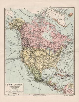 Two Antique Maps.  North America.  Political & Physical Maps.  1908