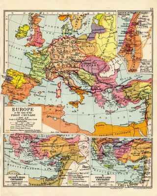 Map Of Europe During Crusades George Philip & Son Vintage 1929