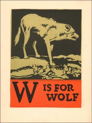 W Is For Wolf,  Bright Wood Block Print,  Vintage,  1925