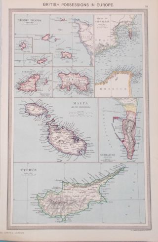 Map Of British Possessions 1905.  Cyprus.  Malta.  Gibraltar.  Channel Islands