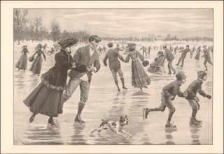 Boston Terrier Dog,  Ice Skating On Pond By A B Frost,  Antique Print 1904